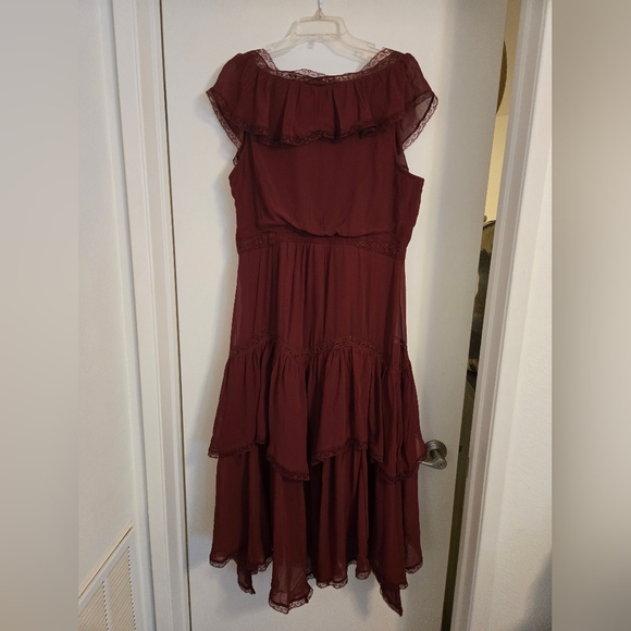 Anthropologie Boho Tiered Ruffle Midi Dress Wine Red Lace - Picture 7 of 8